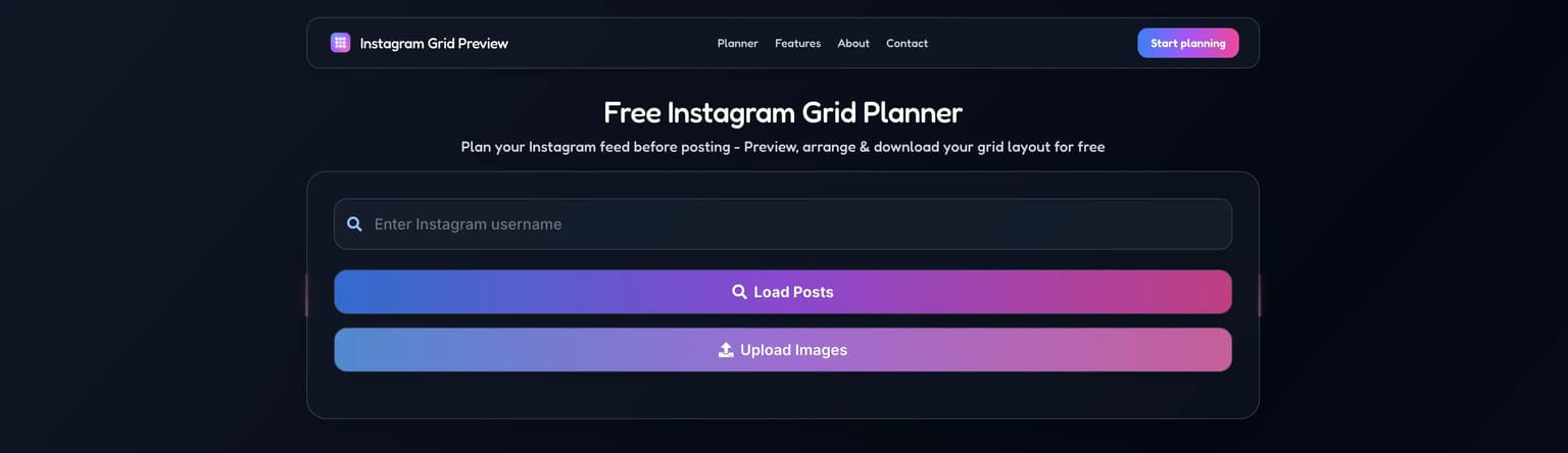 GridPeek free Instagram feed planner interface showing a grid preview.